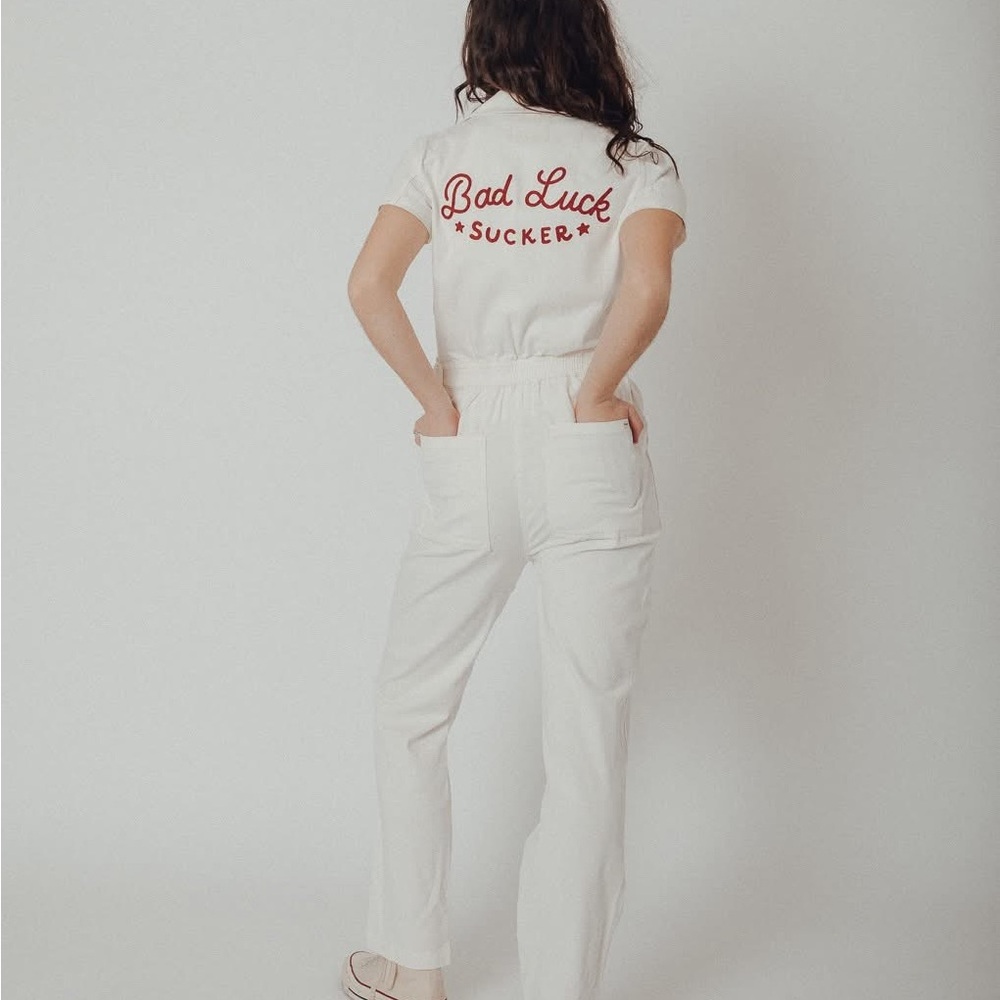 P&Co Bad Luck Sucker White Short Sleeve Mechanic Jumpsuit